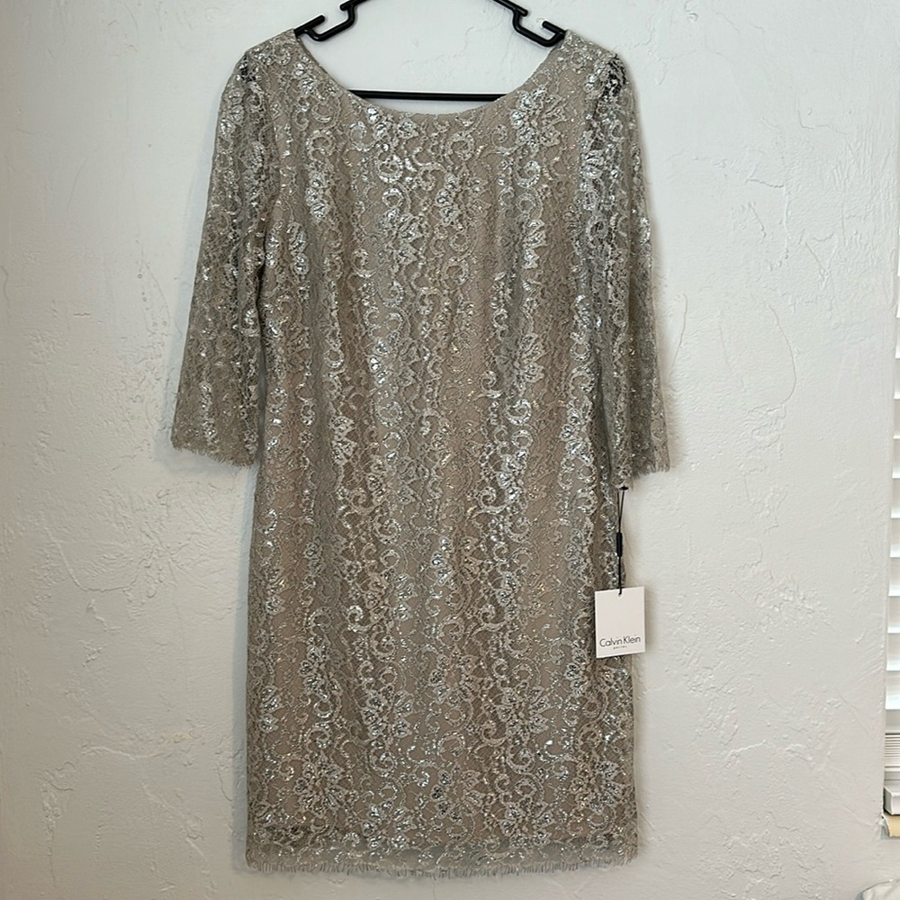 CALVIN KLEIN Sheath Mini Dress Size 12 Petite - 3/4 Sleeve Silver Metallic